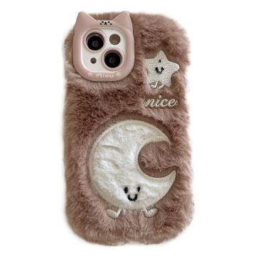 iPhone 15 Case Embroidered Star Moon Warm Plush Flexible Phone Cover - Brown