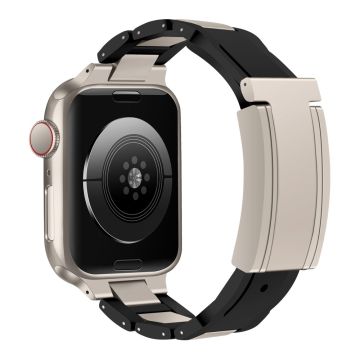 Apple Watch Series 49mm - 45mm - 44mm - 42mm Stainless Steel+Rubber Strap - Black / Starlight Buckle