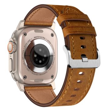 Apple Watch Series 49mm - 45mm - 44mm - 42mm Genuine Cow Leather Band - Titanium Connector+Red Brown