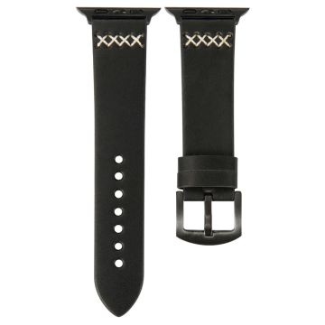 KALEBOL Apple Watch Series 49mm - 45mm - 44mm - 42mm Cross-Stitch Leather Strap - Black