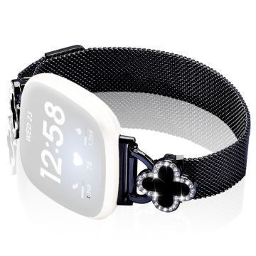 Fitbit Versa 3 / Sense Milanese Band Electroplated Stainless Steel Watch Strap with Clover Connector, Size: S - Black
