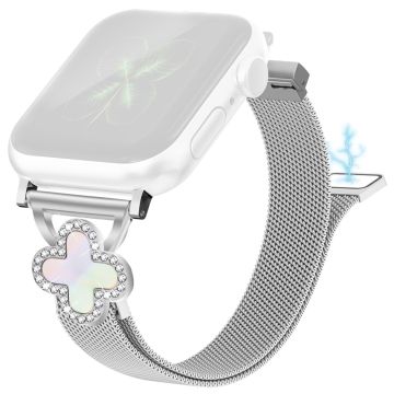 Milanese Mesh Band Apple Watch Series 10 46mm / Ultra 2 Ultra 49mm / Series 9 8 7 45mm / SE (2023) SE (2022) SE 6 5 4 44mm / 3 2 1 42mm Magnetic Watch Strap with Clover Connector, Size: S - Silver