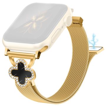 Milanese Band Apple Watch Series 10 46mm / Ultra 2 Ultra 49mm / Series 9 8 7 45mm / SE (2023) SE (2022) SE 6 5 4 44mm / 3 2 1 42mm Watch Strap with Clover Connector, Size: S - Gold