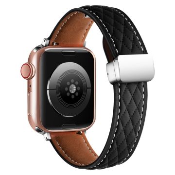 Leather Watch Band Apple Watch Series 10 46mm Rhombus Texture Strap with Folding Buckle - Black