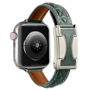 Genuine Leather Watch Band Apple Watch Series 10 46mm Strap with Magnetic Double C Buckle - Green