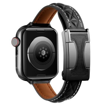 Genuine Leather Watch Band Apple Watch Series 10 46mm Strap with Magnetic Double C Buckle - Black