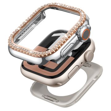 Watch Case Apple Watch SE (2023) Rhinestone Decor Hollow Bump Resistant Frame Cover - Silver+Rose Gold Dial