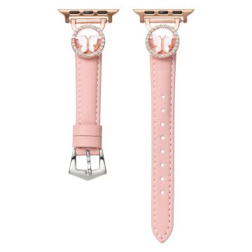 Leather Strap Apple Watch Series 10 46mm Rhinestone Butterfly Band - Pink+Rose Gold Buckle