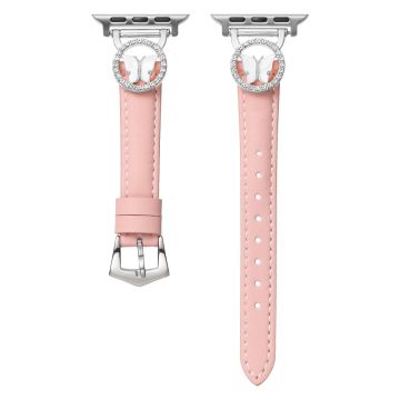 Leather Strap Apple Watch Series 10 46mm Rhinestone Butterfly Band - Pink+Silver Buckle