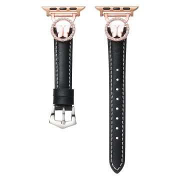 Leather Strap Apple Watch Series 10 46mm Rhinestone Butterfly Band - Black+Rose Gold Buckle