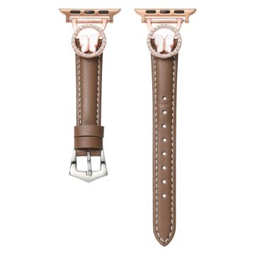 Leather Strap Apple Watch Series 10 46mm Rhinestone Butterfly Band - Coffee+Rose Gold Buckle