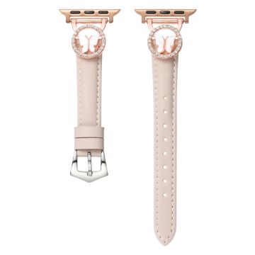 Leather Strap Apple Watch Series 10 46mm Rhinestone Butterfly Band - Beige+Rose Gold Buckle