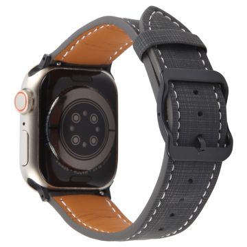 Watch Band Apple Watch Series 10 46mm Checkered Pattern Day-Shaped Buckle Leather Strap - Black