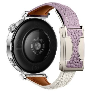 22mm Genuine Cow Leather Strap Huawei Watch GT 5 Pro 46mm / GT 5 46mm / GT 4 46mm Litchi Texture Magnetic Buckle Watch Band - Purple+Beige