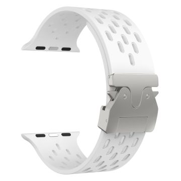 KALEBOL Silicone Band Apple Watch Series 10 46mm Hollow Strap with Silver Buckle - White