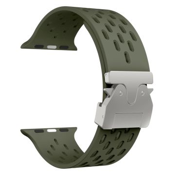 KALEBOL Silicone Band Apple Watch Series 10 46mm Hollow Strap with Silver Buckle - Army Green