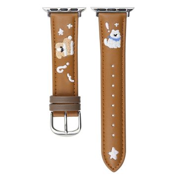 Leather Strap Apple Watch Series 10 46mm Cat Embroidery Adjustable Band - Brown