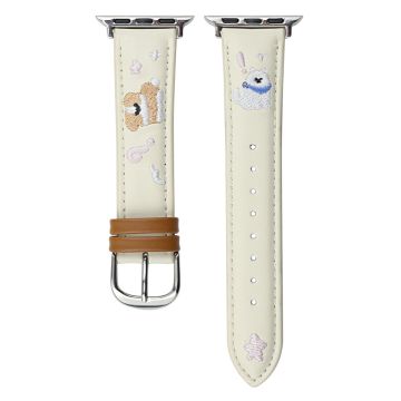 Leather Strap Apple Watch Series 10 46mm Cat Embroidery Adjustable Band - White