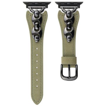 Watch Strap Apple Watch Series 10 42mm D-Shaped Metal Ring Leather Band - Green  /  Black
