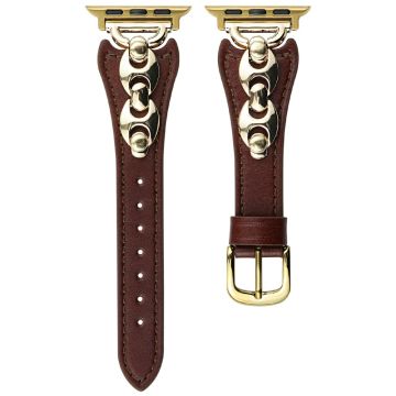 Watch Strap Apple Watch Series 10 46mm D-Shaped Metal Ring Leather Band - Dark Brown  /  Gold