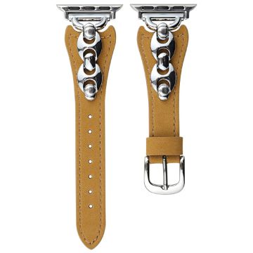 Watch Strap Apple Watch Series 10 46mm D-Shaped Metal Ring Leather Band - Light Brown  /  Silver