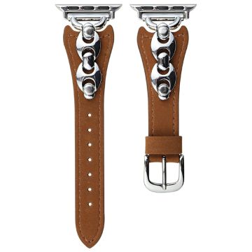 Watch Strap Apple Watch Series 10 46mm D-Shaped Metal Ring Leather Band - Brown  /  Silver