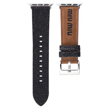 Watch Band Apple Watch Series 10 46mm Embroidered Denim Leather Strap - Brown  /  Black