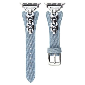 Watch Band Apple Watch Series 10 46mm Metal D-Buckle Denim Leather Strap - Baby Blue  /  Silver