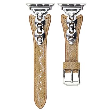 Watch Band Apple Watch Series 10 46mm Metal D-Buckle Denim Leather Strap - Light Brown  /  Silver