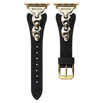 Watch Band Apple Watch Series 10 46mm Metal D-Buckle Denim Leather Strap - Black  /  Gold