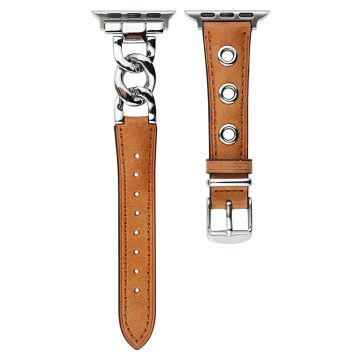 Genuine Cow Leather Chain Hole Watch Strap for Apple Watch Series (42mm/44mm) - Brown+Silver Buckle
