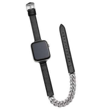 Apple Watch Series 49mm - 45mm - 44mm - 42mm Universal Watch Band Chain Leather Strap - Black
