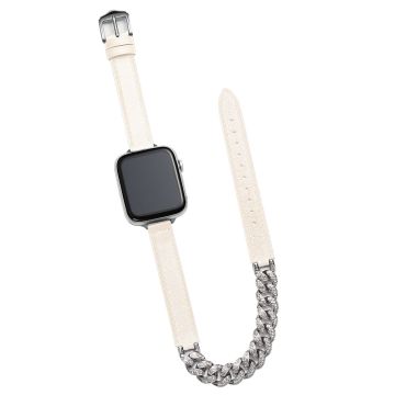 Apple Watch Series 49mm - 45mm - 44mm - 42mm Universal Watch Band Chain Leather Strap - Beige