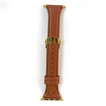 Apple Watch Series 49mm / 45mm / 44mm/ 42mm Cow Leather Watchband Replacement Strap - Brown / Gold