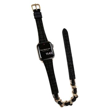 Apple Watch 49mm / 45mm / 44mm / 42mm Watch Band Leather Strap - Black+Gold Chain Chain