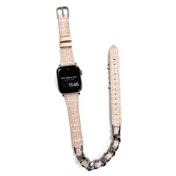 Apple Watch 49mm / 45mm / 44mm / 42mm Watch Band Leather Strap - Apricot+Silver Chain Chain