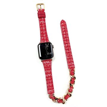 Apple Watch 49mm / 45mm / 44mm / 42mm Watch Band Leather Strap - Red+Gold Chain Chain