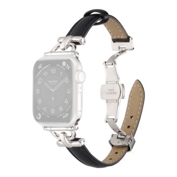 Apple Watch 49mm / 45mm / 44mm / 42mm Leather Watch Band - Black / Silver Buckle