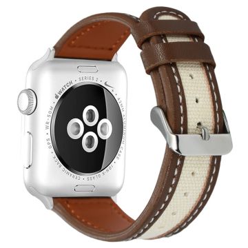 Apple Watch 49mm / 45mm / 44mm / 42mm Cow Leather and Fabric Watchband - Dark Brown / White
