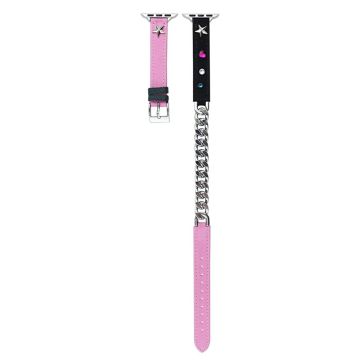 Apple Watch Series 9 45mm / Ultra 2 Genuine leather with metal chain strap - Pink / Black