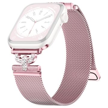 Apple Watch Series 9 45mm / Ultra 2 rhinestone S-shape milanese stainless steel strap - Rose Pink